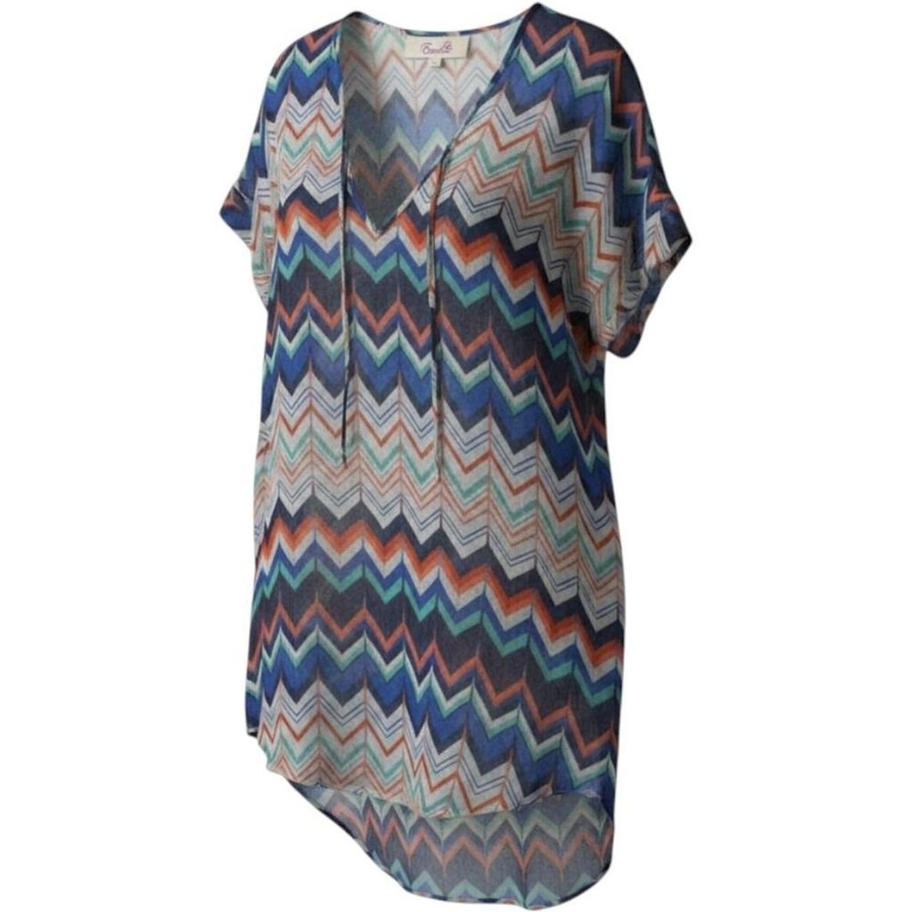 Emmelee Womens Sheer Chevron V-Neck Tie Top Short Sleeve Swimsuit Cover M/L